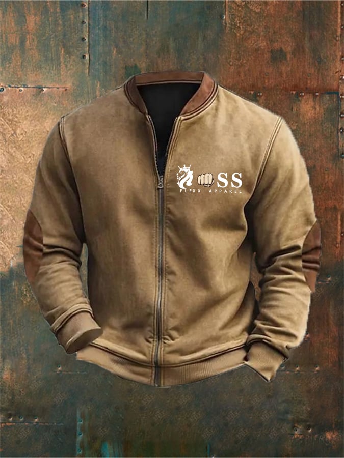 Men's Vintage Letter Design Printed Zipper Stand Collar Cardigan