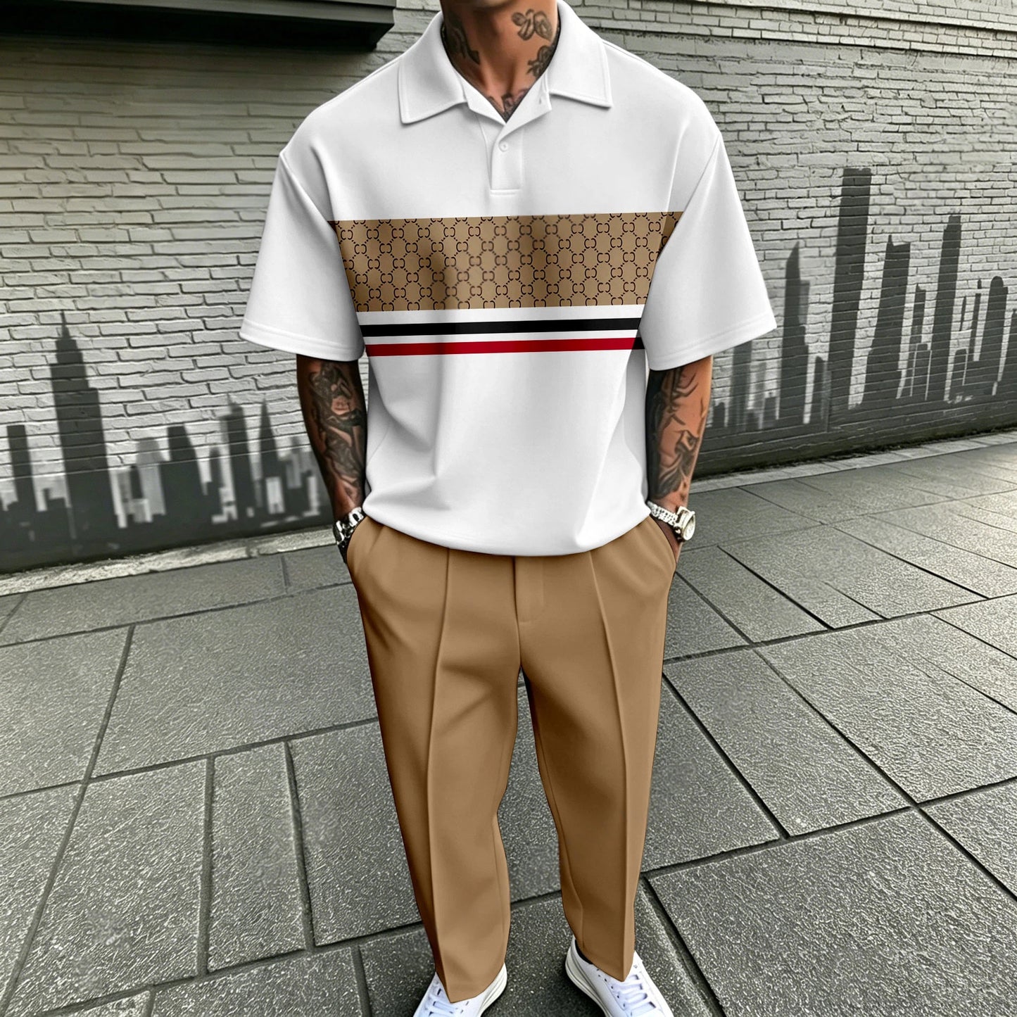 Men's Casual Khaki Plaid Printed Polo Shirt And Pants Two-Piece Set