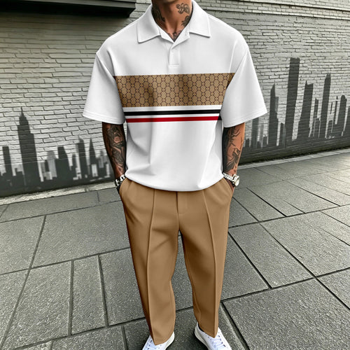 Men's Casual Khaki Plaid Printed Polo Shirt And Pants Two-Piece Set