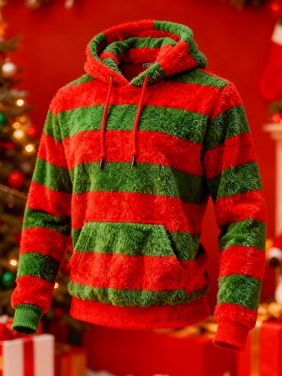 Fun Red And Green Striped Plush Hoodie