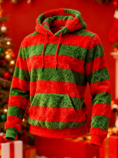Fun Red And Green Striped Plush Hoodie