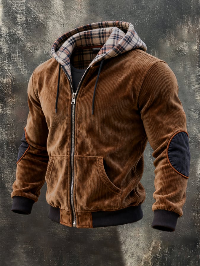 Men's Vintage Corduroy Plaid Fake Two-Piece Hooded Jacket