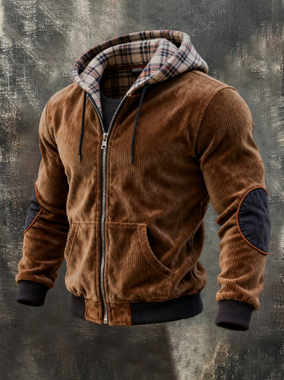 Men's Vintage Corduroy Plaid Fake Two-Piece Hooded Jacket