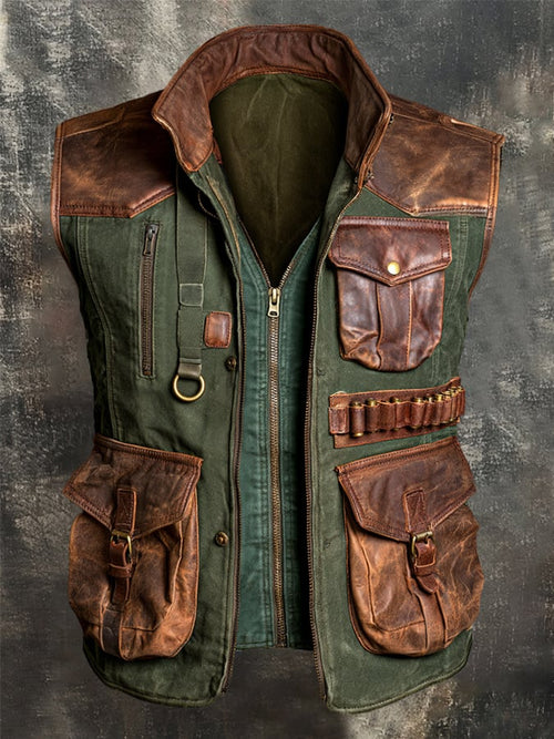 Men's Vintage-Wash Leather Panel Vest