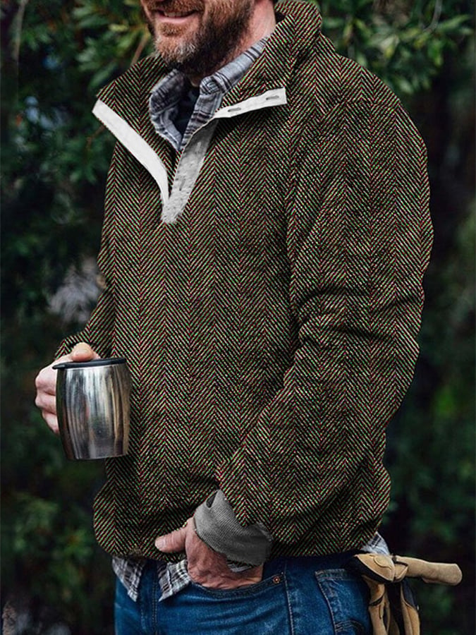 Men's Flannel Vintage Herringbone Button Pullover Sweatshirt