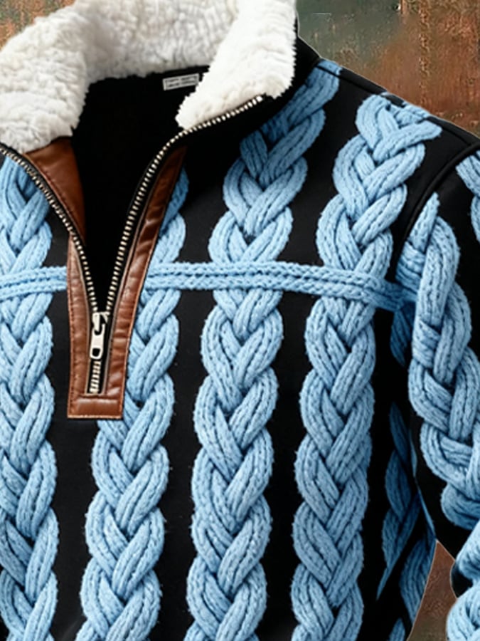 Men's Retro Color Block Print Casual Fur Collar Sweatshirt