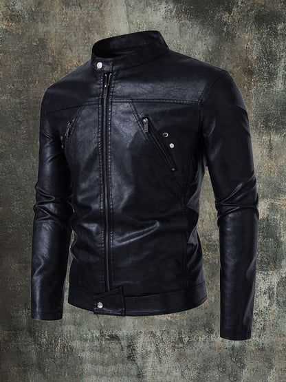 Men'S Stylish Casual Stand Collar Motorcycle Leather Jacket