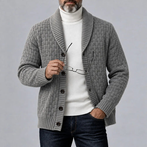 Men's Gray Geometric Textured Knit Shawl Lapel Single-Breasted Cardigan