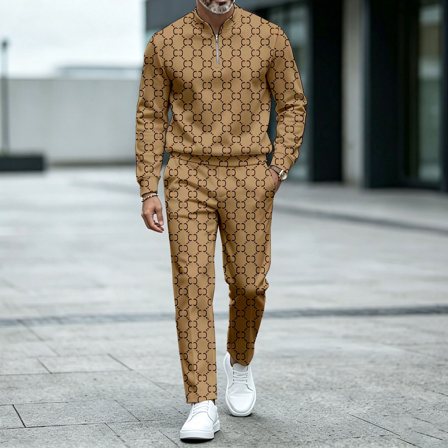 Men's Brown Round-Neck Zipper Long-Sleeve Shirt and Pants Set