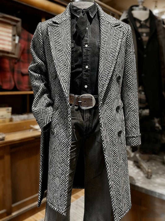 Men's Fashionable Retro Herringbone Pattern Printed Casual Woolen Coat