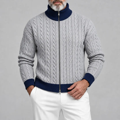 Men's Gray Contrast Trim Stand Collar Cable Knit Zip-Up Cardigan