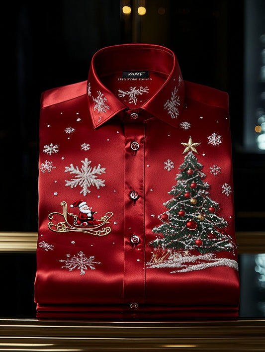 Men's Christmas Satin Luxe Long Sleeve Button Down Shirt