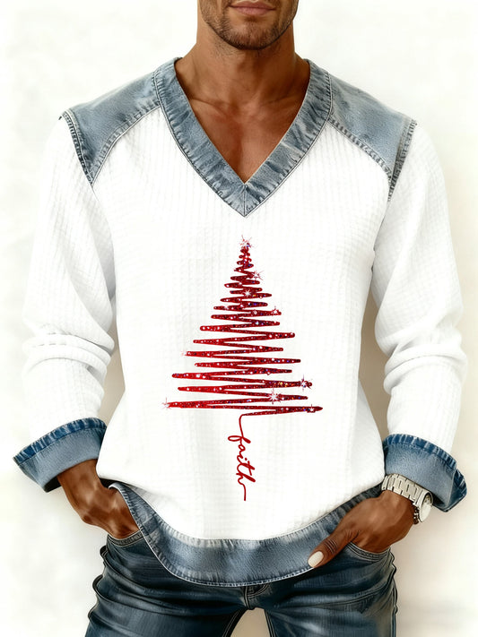 Men's Retro Faith Christmas Tree Print V-Neck Pullover