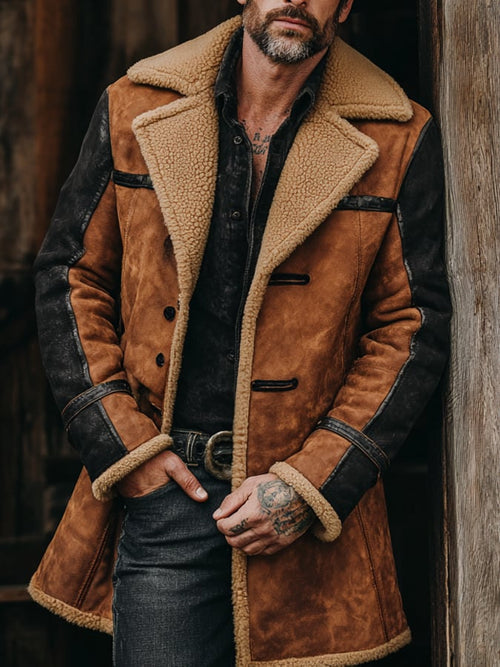 Men's Vintage Suede Patchwork Lamb Fleece Multi-Pocket Reverse Collar Outdoor Jacket Coat