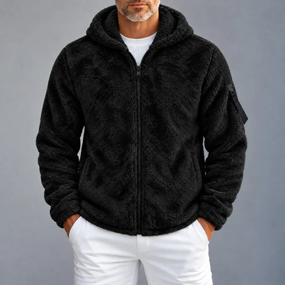 Men's Casual Solid Color Pockets Fluffy Hooded Zip-Up Jacket