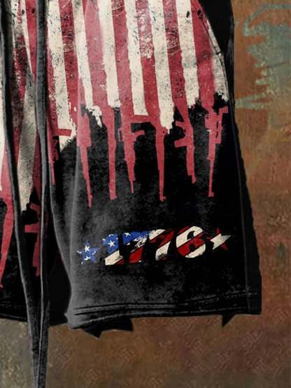 Men's Retro Distressed Hem Independence Day Print Loose Shorts