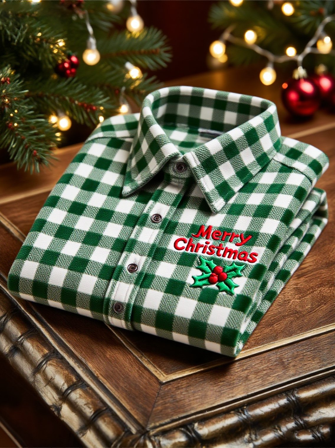 Men's Velvet Plaid Christmas Logo Casual Long Sleeve Shirt