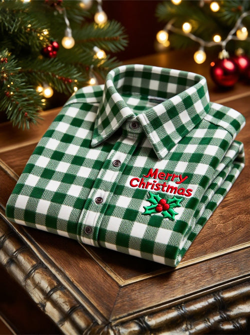 Men's Velvet Plaid Christmas Logo Casual Long Sleeve Shirt