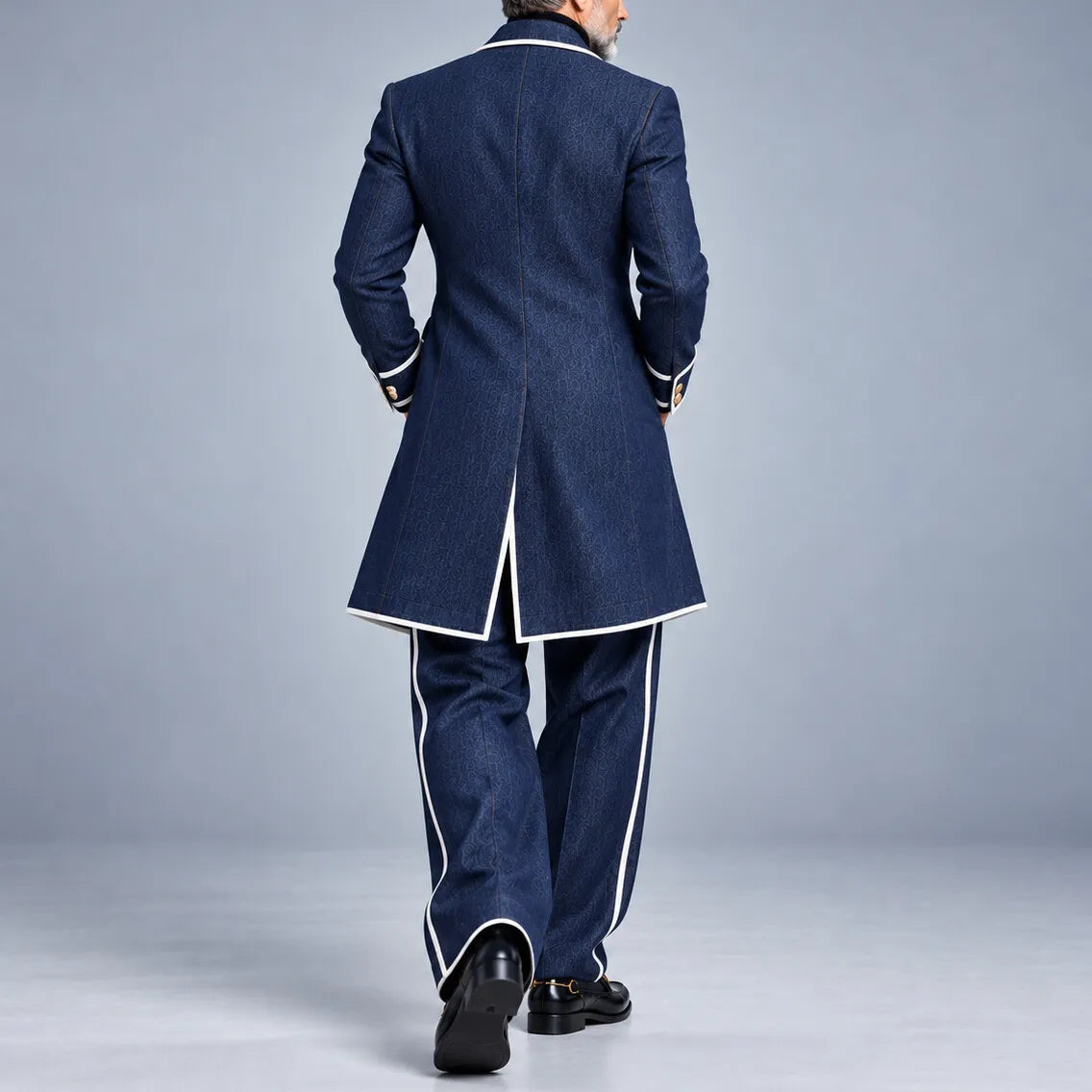 Men's Navy Blue Contrast Piping Shawl Lapel Asymmetrical Overcoat & Pants Denim-Like 2Pcs Set
