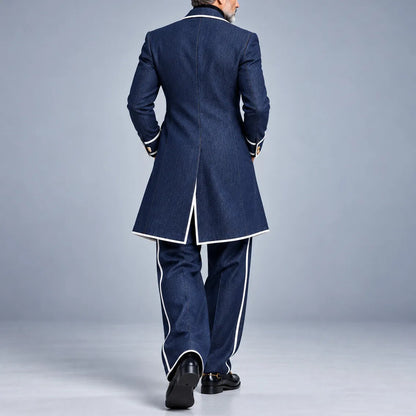Men's Navy Blue Contrast Piping Shawl Lapel Asymmetrical Overcoat & Pants Denim-Like 2Pcs Set
