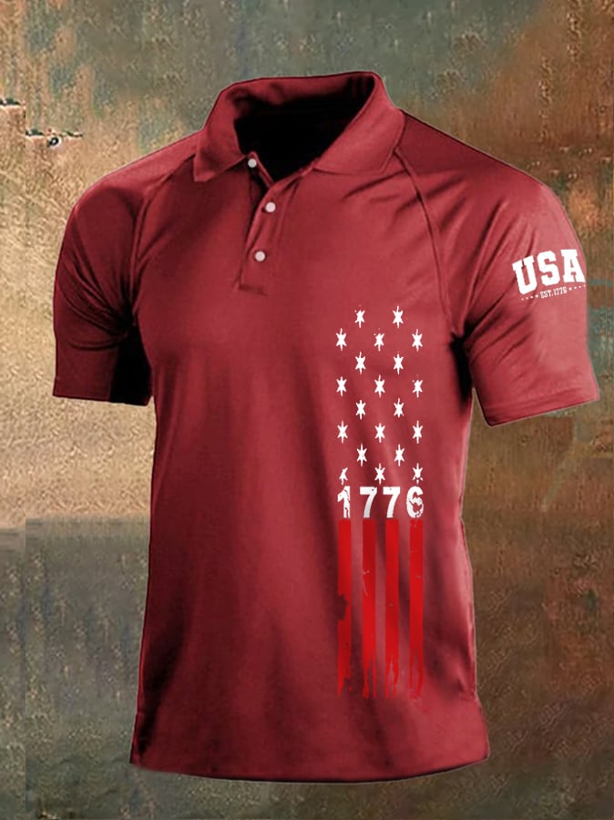 Men's Independence Day 1776 American Flag Print Casual Polo