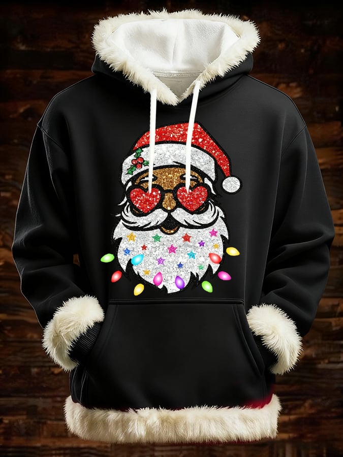 Men's Black Santa Claus Print Furry Hooded Top