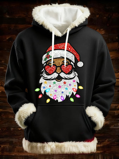 Men's Black Santa Claus Print Furry Hooded Top