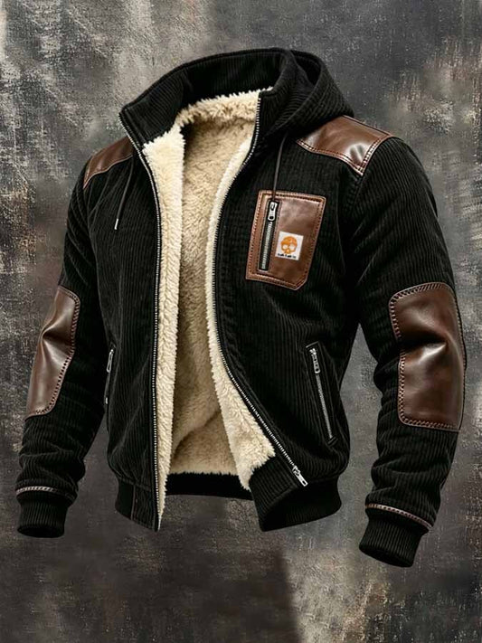 Men's Vintage Corduroy & Leather Patchwork Fleece-Lined Warm Outdoor Jacket