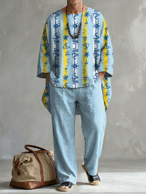 Summer Vacation Palm Tree And Vertical Stripe Decorative Pattern Long Sleeve Cotton Linen Top And Pants Two Piece Set