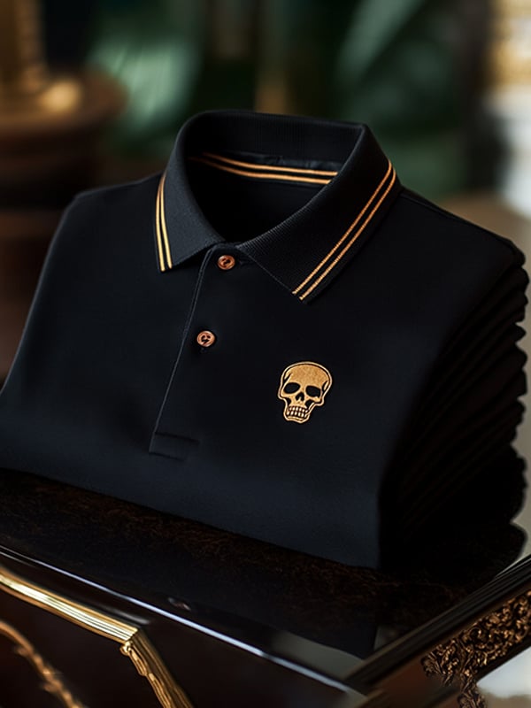 Men's Classic Business Paisley Skull Logo Short Sleeve Polo Shirt