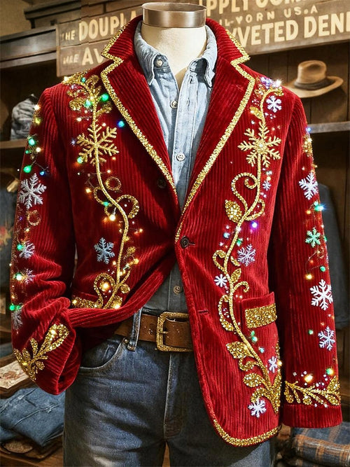 Men's Corduroy Christmas Snowflake Light-Up Lapel Suit Jacket