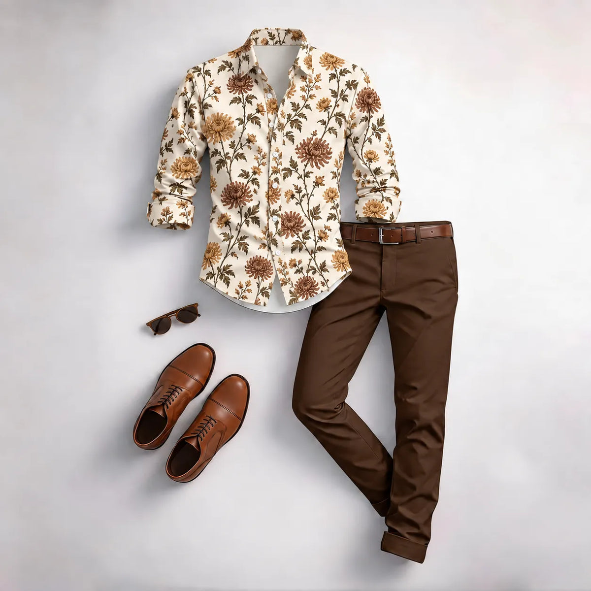 Men's Vintage Floral Print Long-Sleeve Shirt and Pants Set