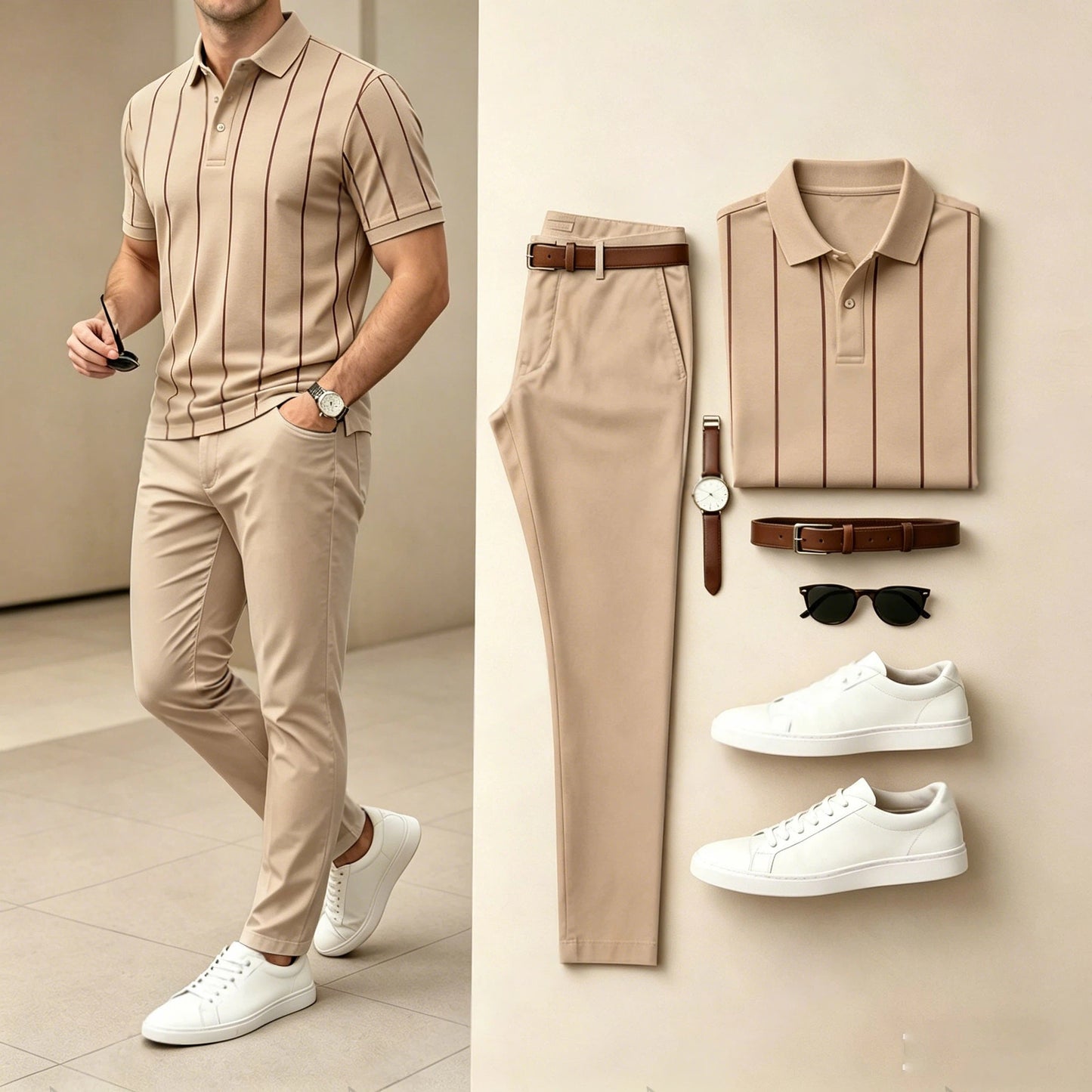 Men's Casual Light Brown Printed Polo Shirt And Pants Two-Piece Set