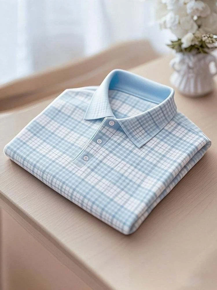 Men's Business Casual Blue Plaid Button-Down Short Sleeve Polo Shirt