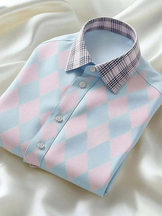 Men's Classic Business Check Logo Lapel Short Sleeve Shirt