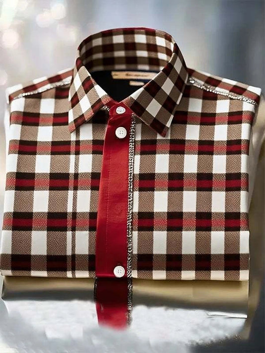 Men's Classic Business Check Logo Lapel Short Sleeve Shirt