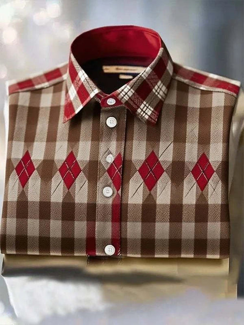 Men's Classic Business Check Logo Lapel Short Sleeve Shirt