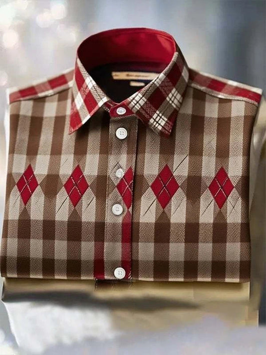 Men's Classic Business Check Logo Lapel Short Sleeve Shirt