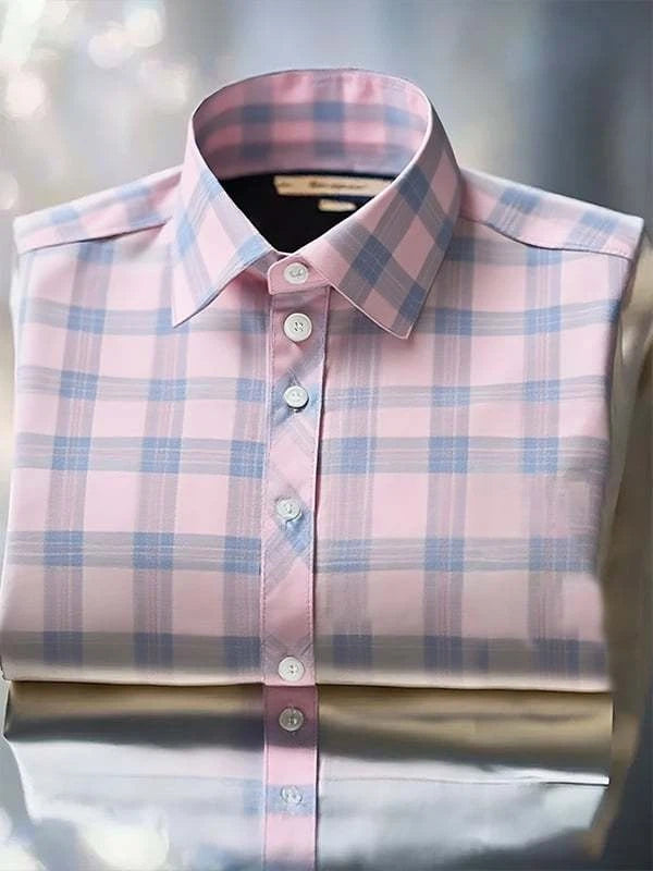 Men's Classic Business Check Logo Lapel Short Sleeve Shirt