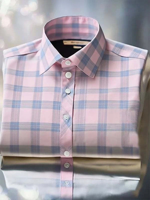 Men's Classic Business Check Logo Lapel Short Sleeve Shirt