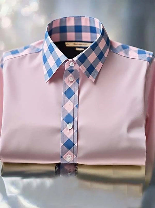 Men's Classic Business Check Logo Lapel Short Sleeve Shirt