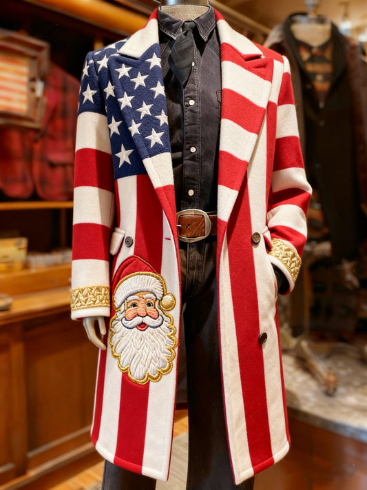 Men's Business Reindeer Christmas Snowman Tree Snowflakes Santa Long Wool Coat
