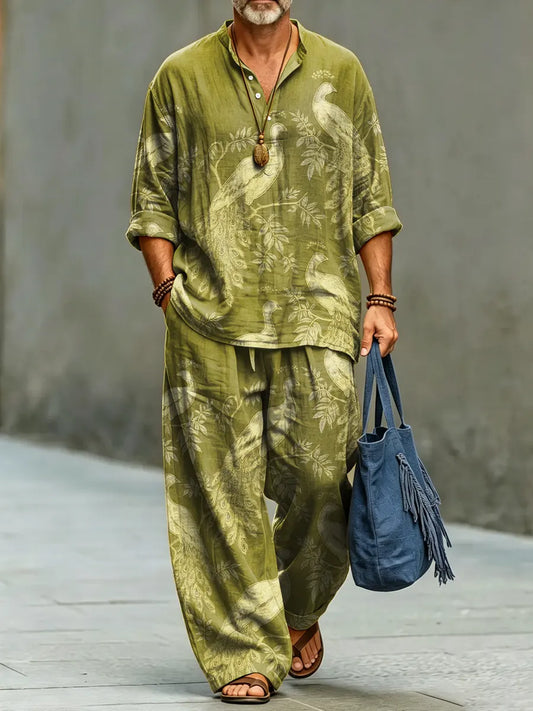 Men's Retro Abstract Print Cotton Shirt Set