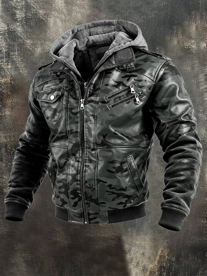 Men's Vintage Camouflage Leather Multi-Pocket Outdoor Jacket