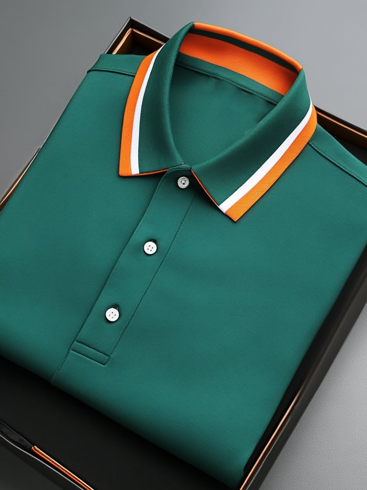 Men's Business Casual Striped Collar Button Short Sleeve Polo Shirt
