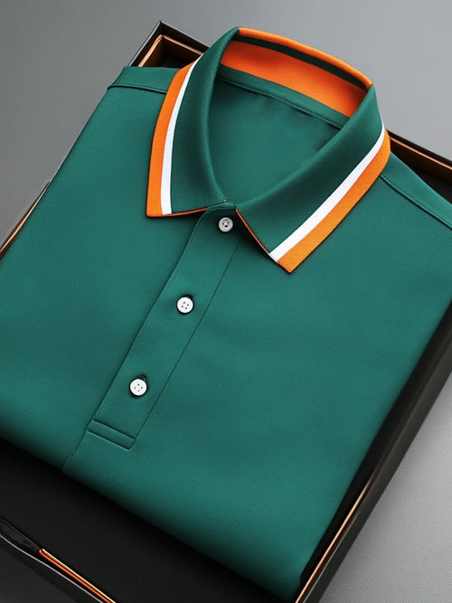 Men's Business Casual Striped Collar Button Short Sleeve Polo Shirt