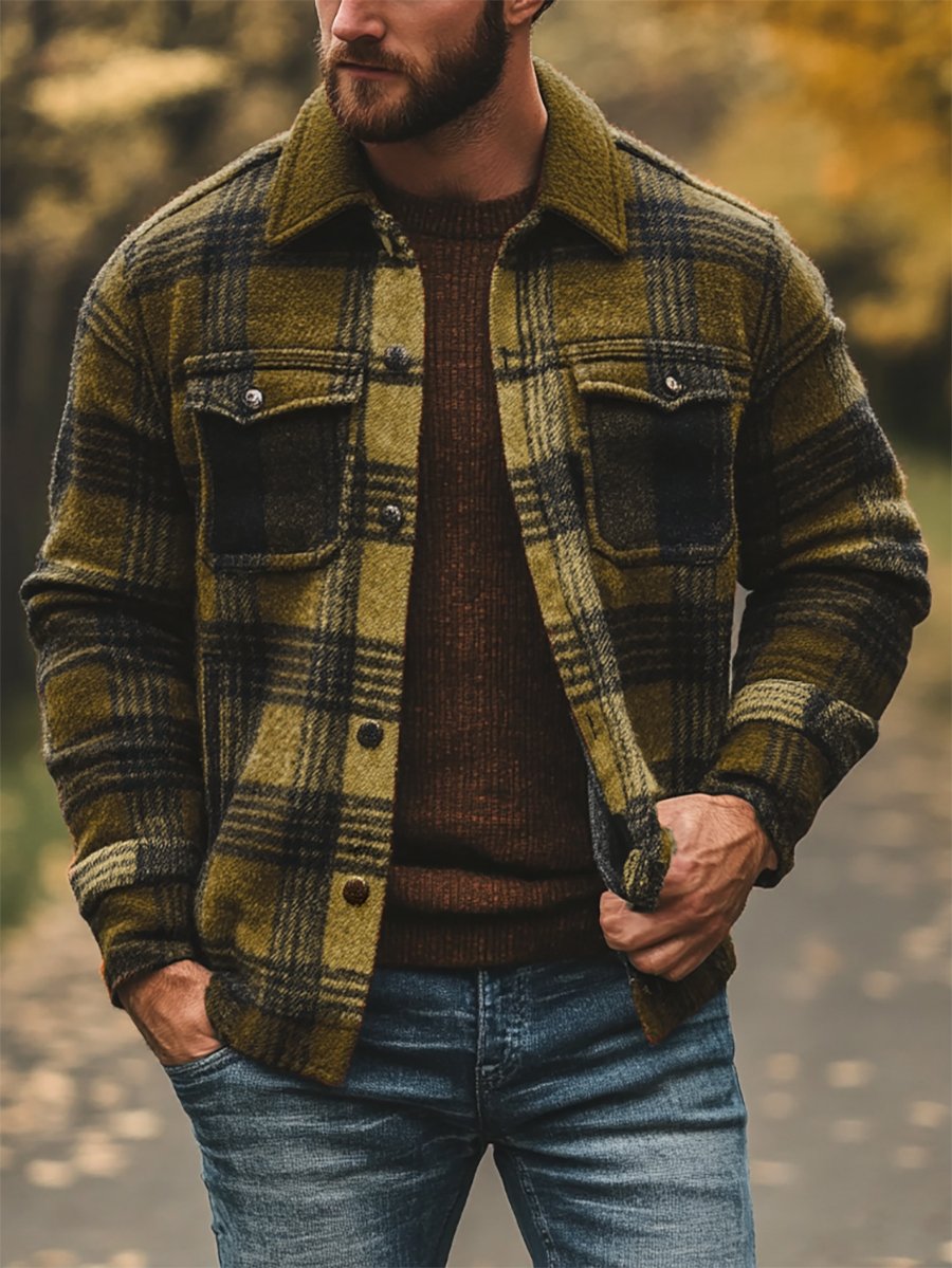 Men's Casual Plaid Long Sleeve Shirt Jacket