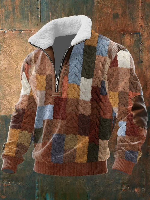 Men's Retro Western Texture Print Knit Fabric Zipper Fur Collar Long Sleeve Sweatshirt