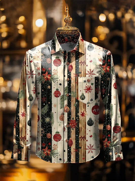Men's Luxury Christmas Contrast Print Long Sleeve Pocket Shirt