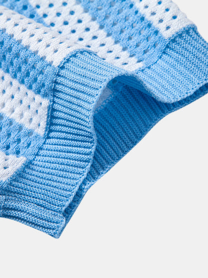 Stripe Johnny Collar Open Knit Polo